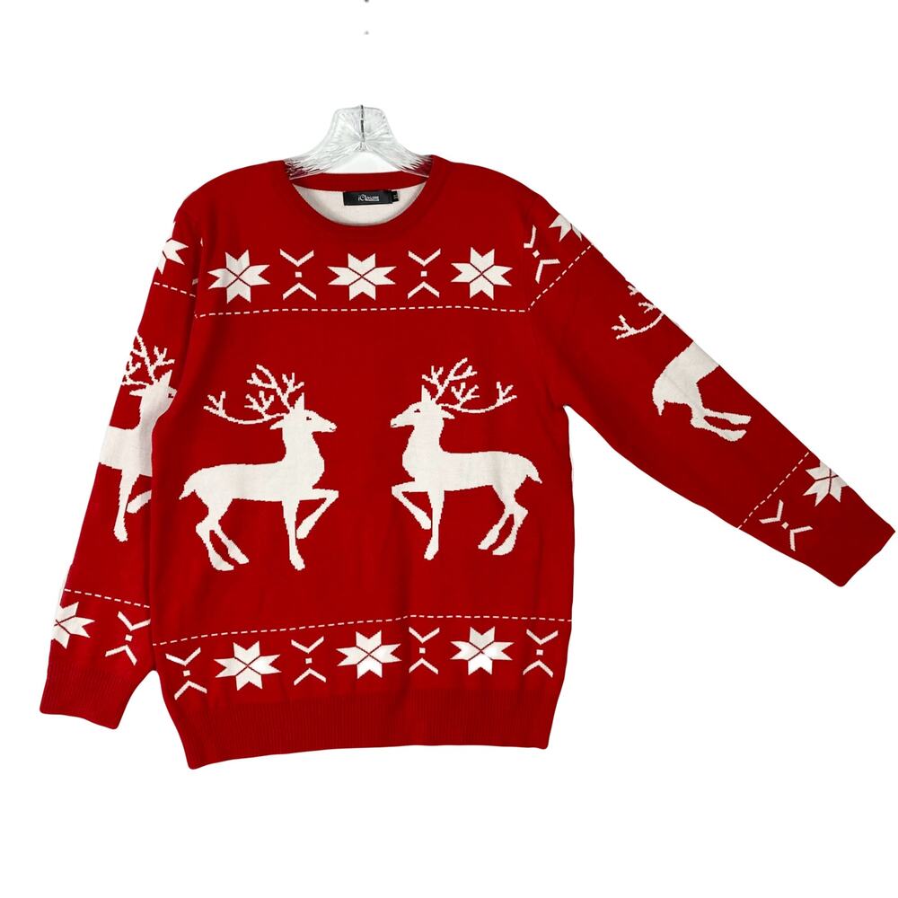 NWOT ICLOSAM Sweater XL Red White Reindeer Snowflake Fair Isle Long-Slv Cotton